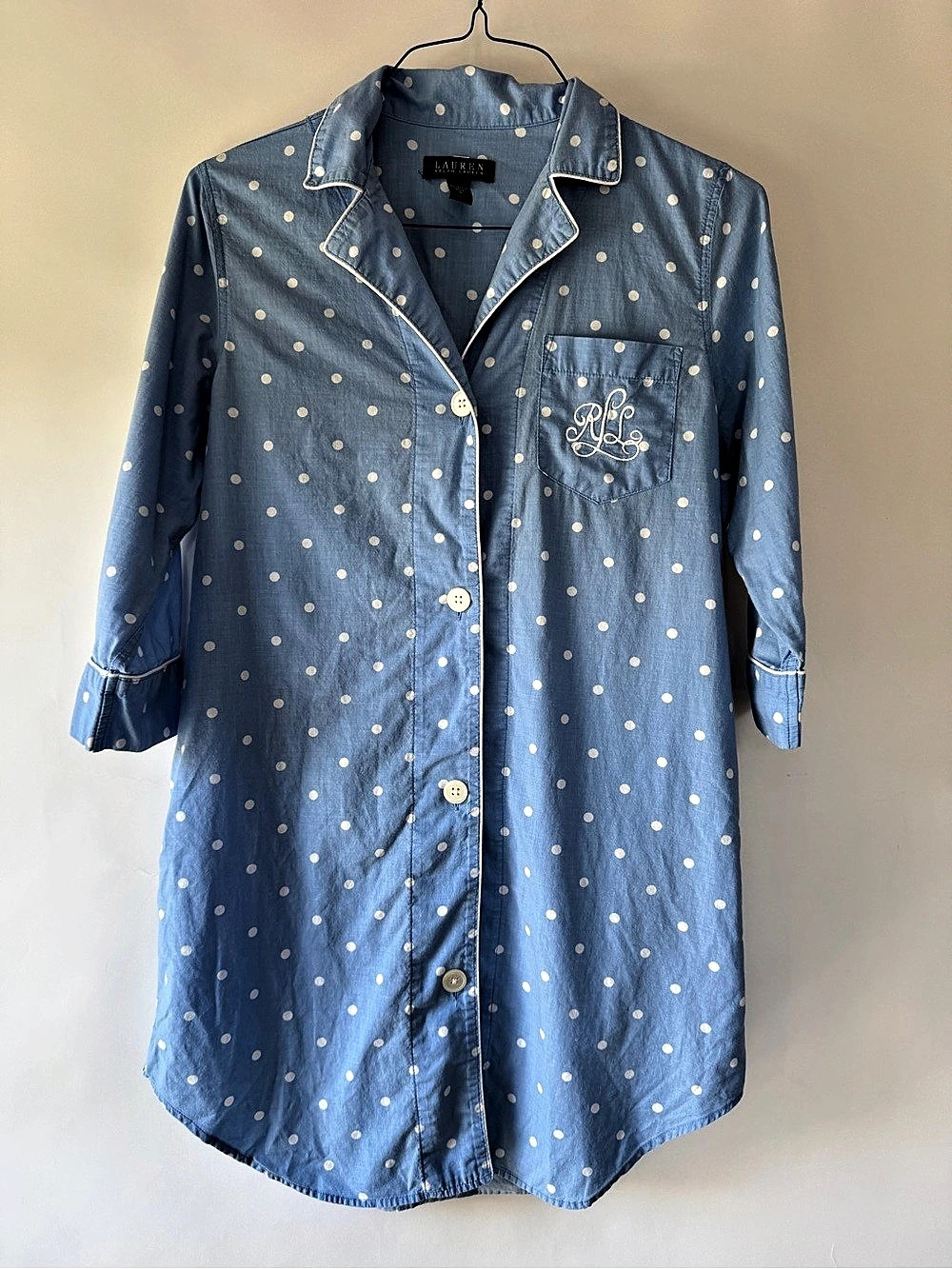 Lauren Ralph Lauren Polka Dot Cotton Nightshirt Button Down Small